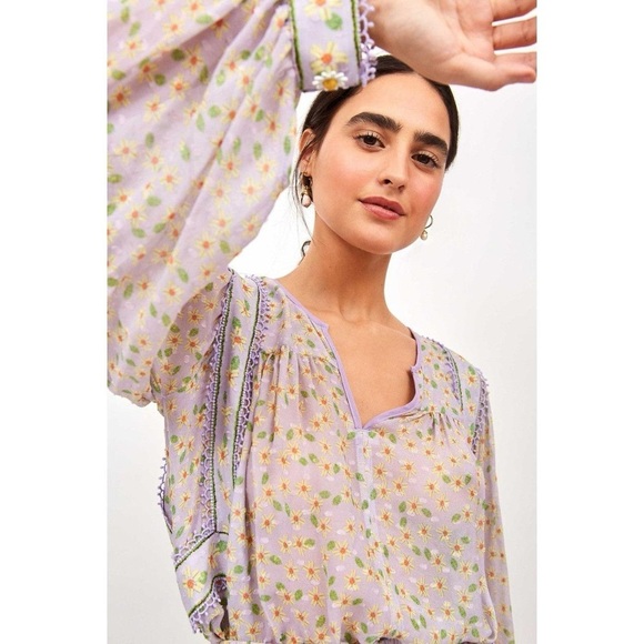 Farm Rio blouse Lilac Tropicaliente floral daisy balloon sleeve semi sheer small - Picture 3 of 11